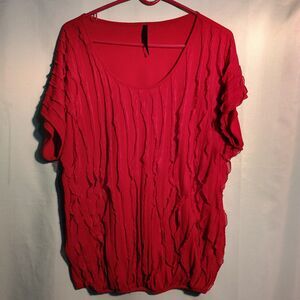 Women’s Red Textured Short Sleeve Blouse – Crinkle Pleated Scoop Neck Top